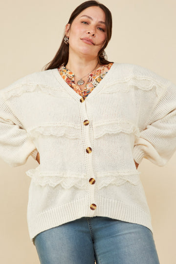 HY8343W Pink Plus Lace Frilled Buttoned Sweater Cardigan Front